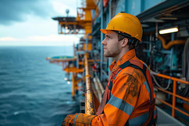 Técnico com EPI em plataforma offshore